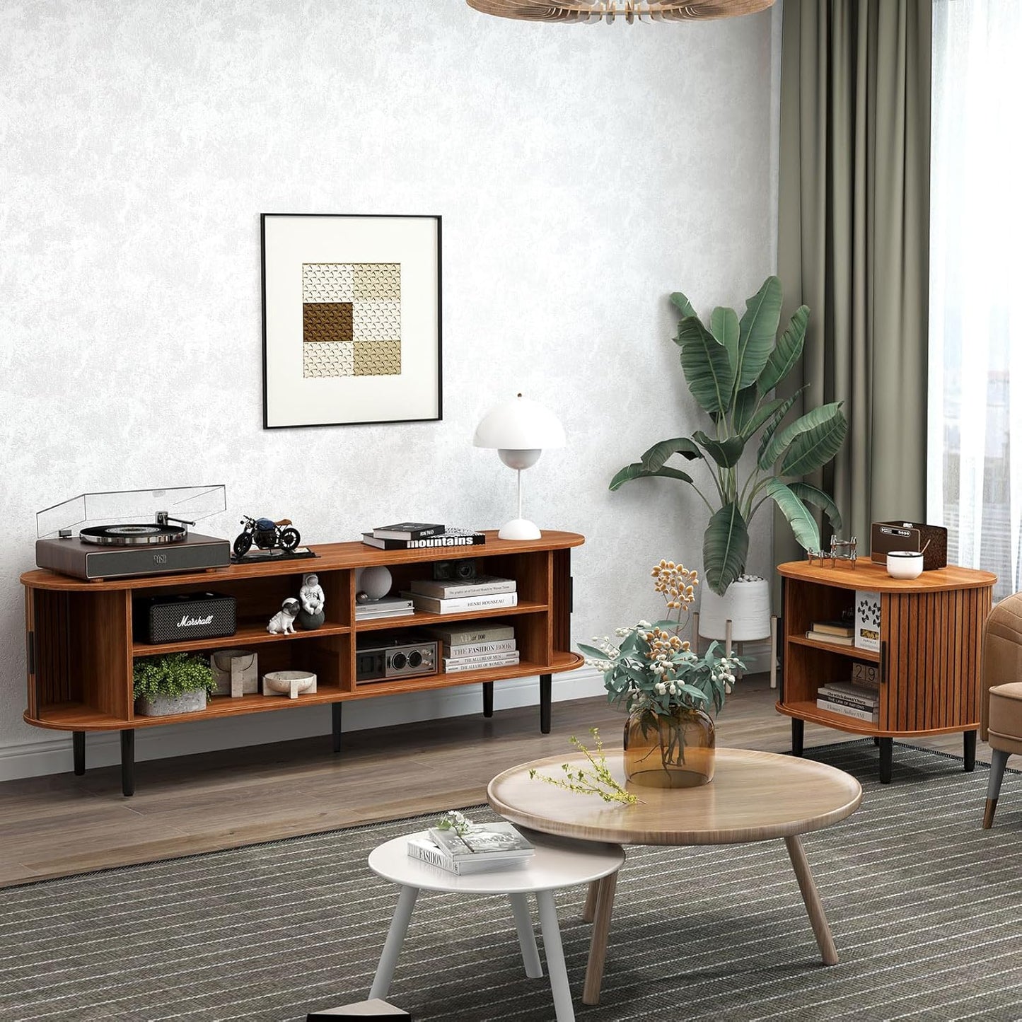 Bonzy Home 70" Mid Century Modern TV Stand, Tambour Entertainment Center with Storage, Long Media Console Television Stand with Metal Legs for up to 75'' TV, Walnut