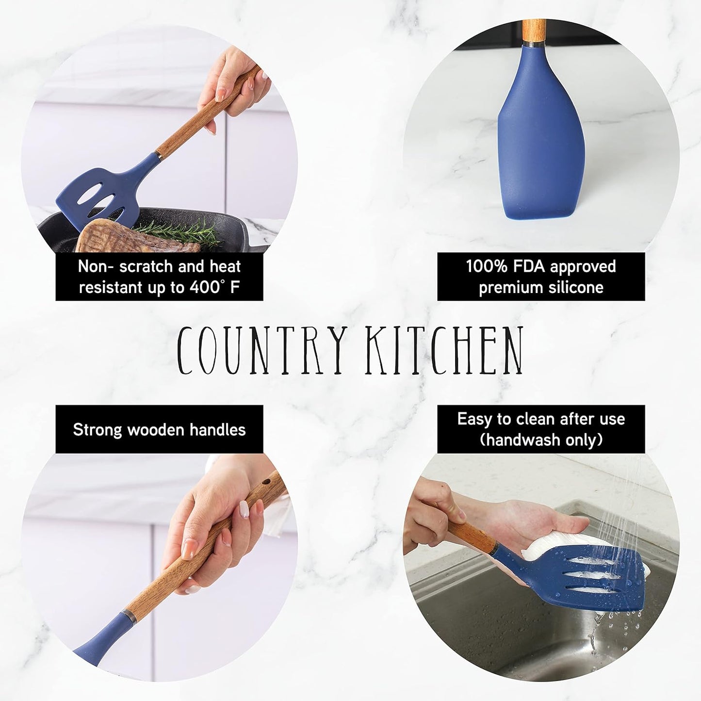 Country Kitchen Non Stick Silicone Utensil Set with Rounded Wood Handles for Cooking and Baking, 8 Piece Set, Navy