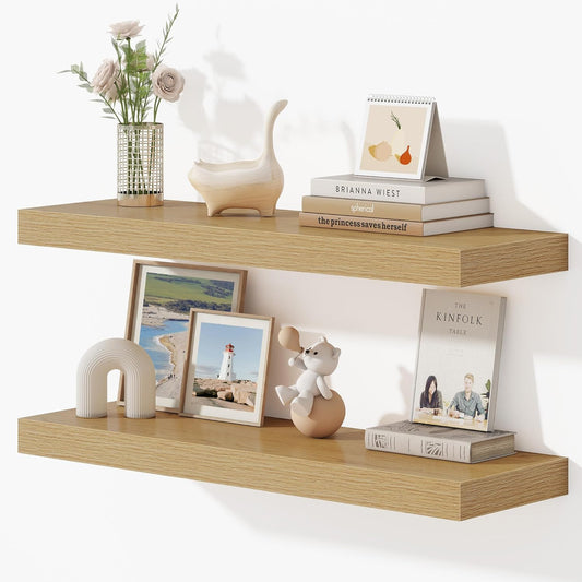 Dreamland 32 Inches Floating Shelves for Wall, 9.3" Deep Long Floating Shelves Set of 2, Large Display & Storage Shelf, Wall Shelf for Bathroom Bedroom Living Room Kitchen Office, Oak