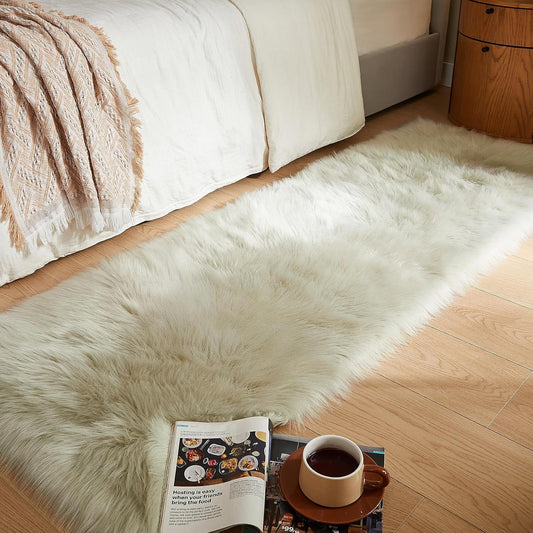 AMTOVO Faux Fur Rug, Light Grey Ultra Soft Fluffy Shag Sheepskin Rug, 2 x 6 ft Runner Area Rugs for Bedroom Sofa Throw Cushion Room Decor, Rectangle