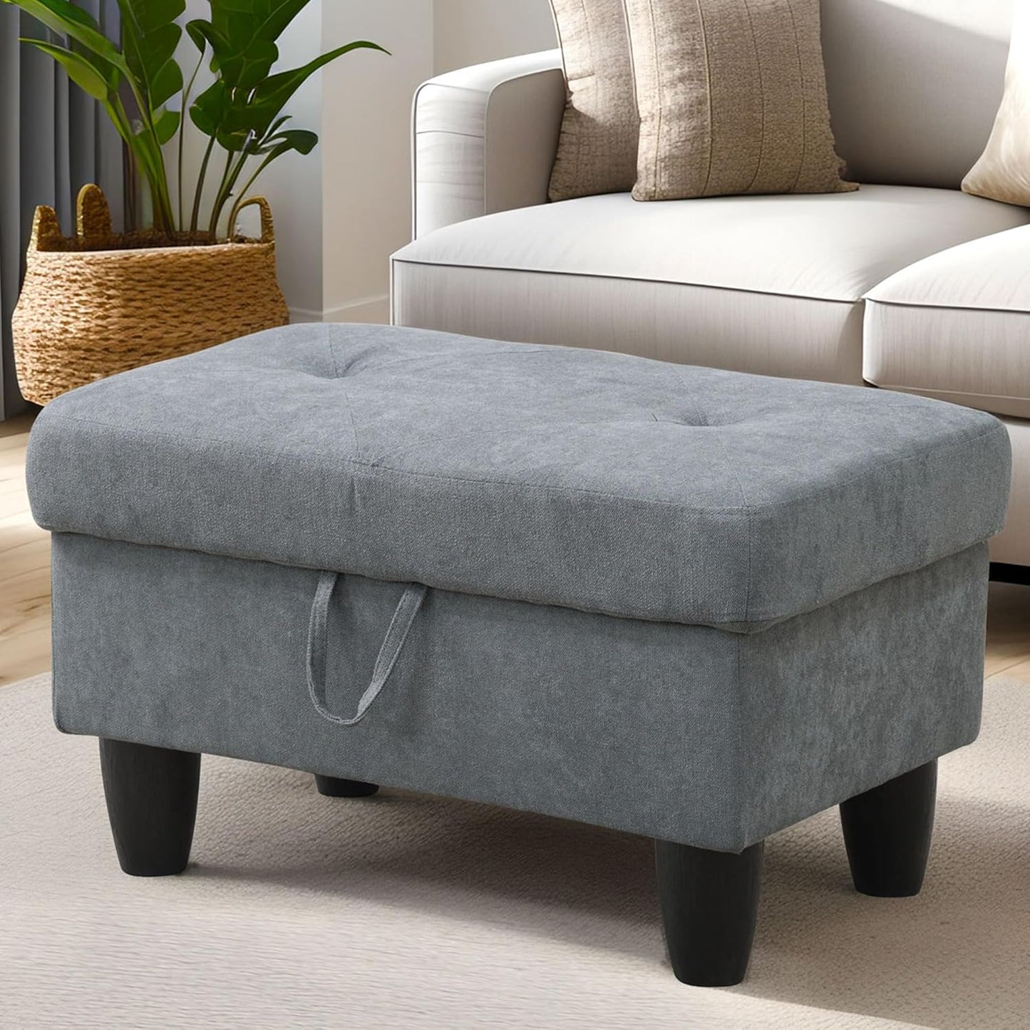 Ottoman Rectangular Storage Ottoman Bench, Flannel Footrest Stool Footstool with Lid for Living Room, Bedroom, Entryway, Dark Gray, 28.5"x19"x17.5"