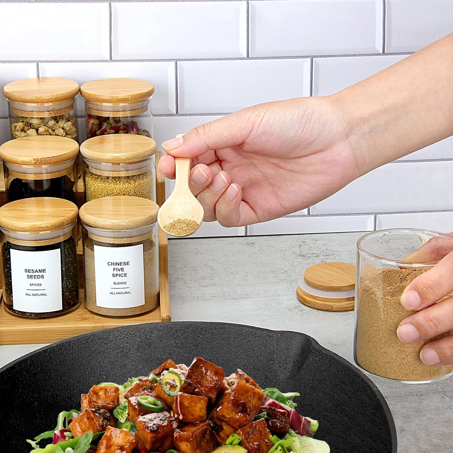 4OZ Glass Spice Jars with Bamboo Lids and 315 Labels, 32 Pcs Clear Food Storage Containers for Kitchen Sugar Salt Coffee Tea Beans