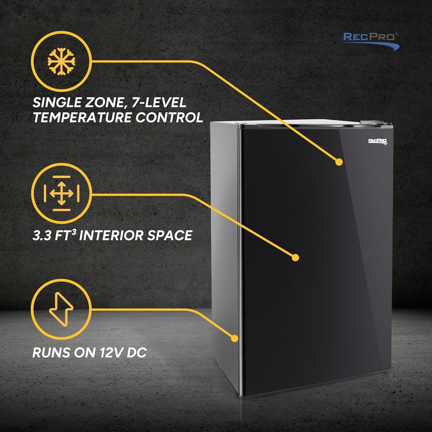RecPro 3.3 Cu Ft 12V RV Refrigerator | Black Fridge with Adjustable Shelves, 18-Can Door Storage, Reversible Door | 7 Temp Settings, Frost-Free | Ideal for RVs & Small Spaces