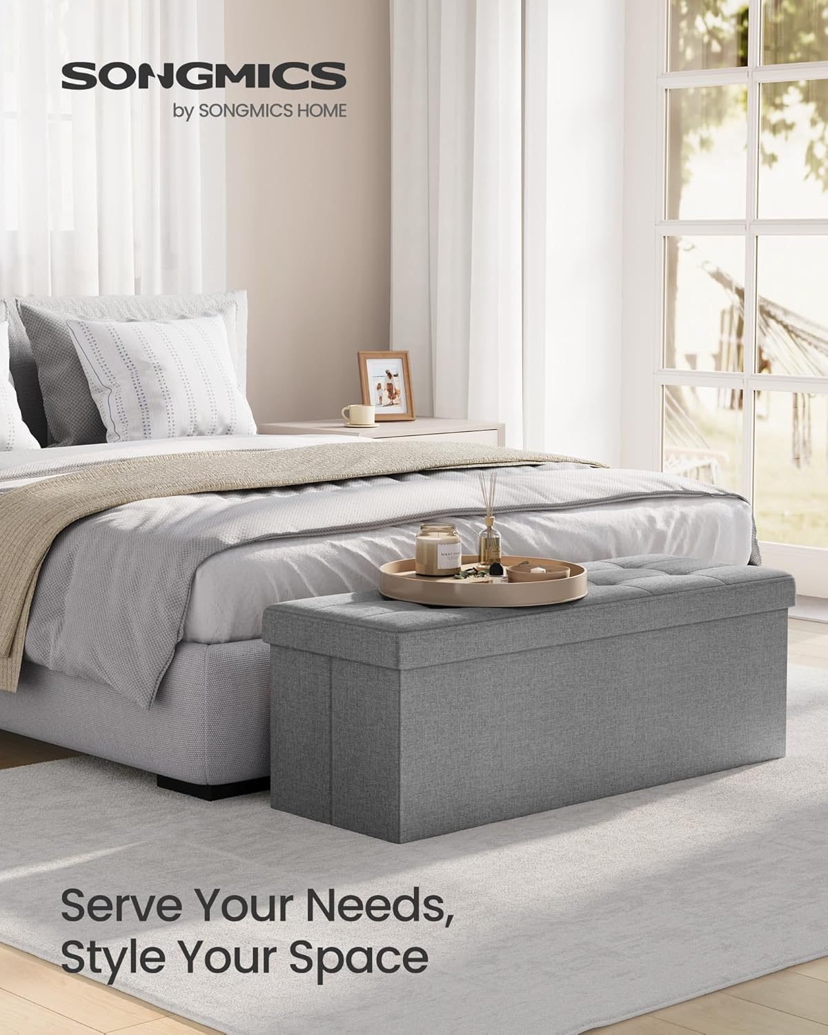 SONGMICS MAZIE Collection - 43 Inches Folding Storage Ottoman Bench, Ottoman Foot Rest, End of Bed Bench, Storage Chest, Load 660 lb, for Living Room, Bedroom, Entryway, Light Gray ULSF77G