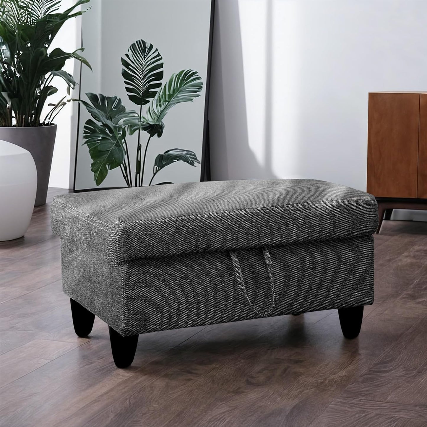 Ottoman Rectangular Storage Ottoman Bench, Flannel Footrest Stool Footstool with Lid for Living Room, Bedroom, Entryway, Black Gray, 28.5"x19"x17.5"