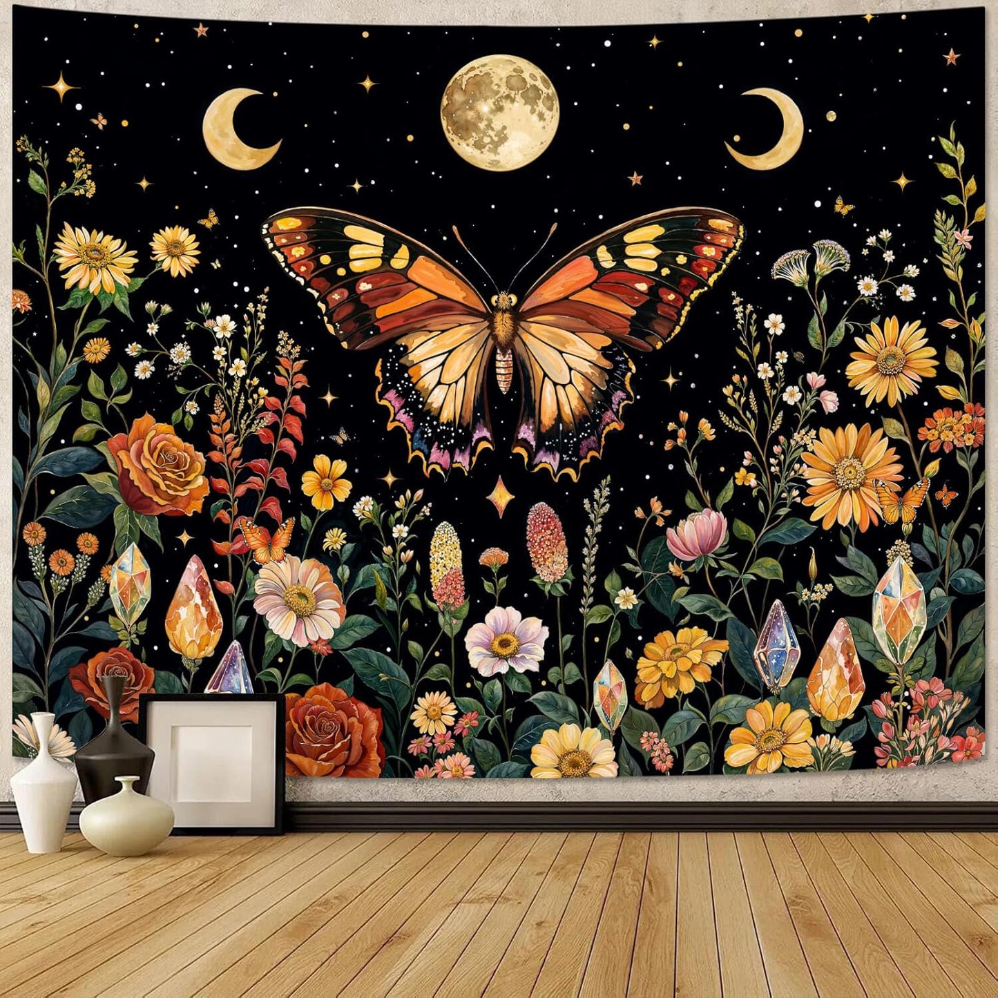 Lunerfex Boho Butterfly Tapestry Flower Moon Wall Tapestry, Moon Phases Tapestries for Bedroom Cute Tapestries Wall Hanging for Bedroom Living Room Decor Butterfly-2 60"x80"
