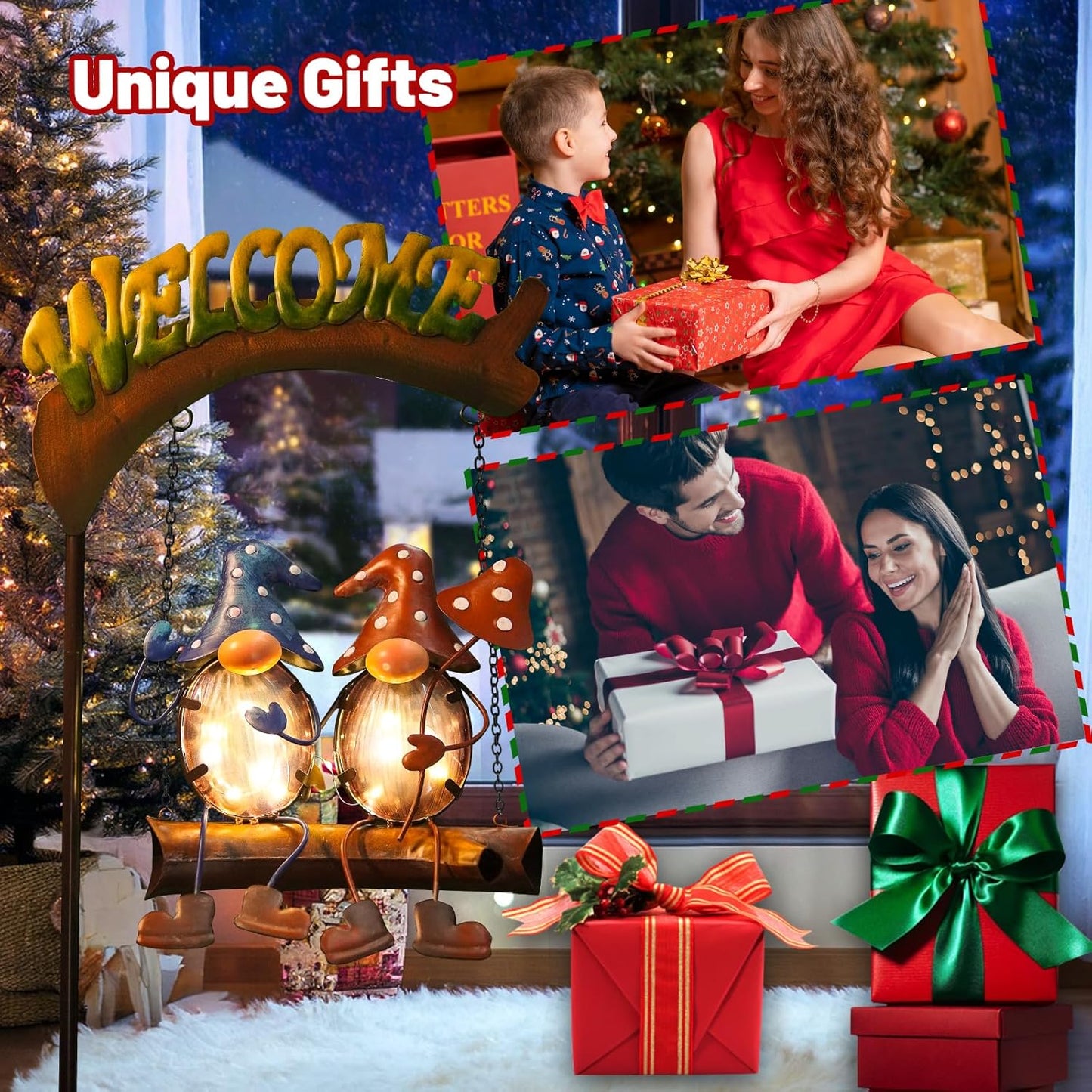 HONGLAND Gnome Garden Decor with Solar Lights, Funny Gnomes Swing Outdoor Decor, Gardening Gifts for Women Mom, Gnomes Yard Decorations with Welcome Sign for Lawn Porch Backyard Patio