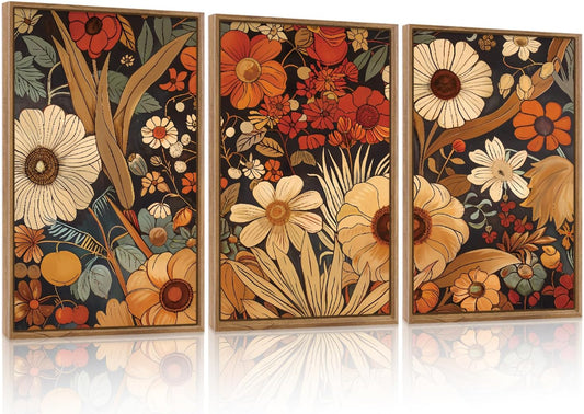 Aurlan Boho Burnt Orange Terracotta Wildflowers Framed Wall Art(24"x36"), 3 PCS Abstract Floral 3D Textured Canvas Artwork, Large Modern Vintage Botanical Nature Art Wall Decor for Home Office Living Room Bedroom