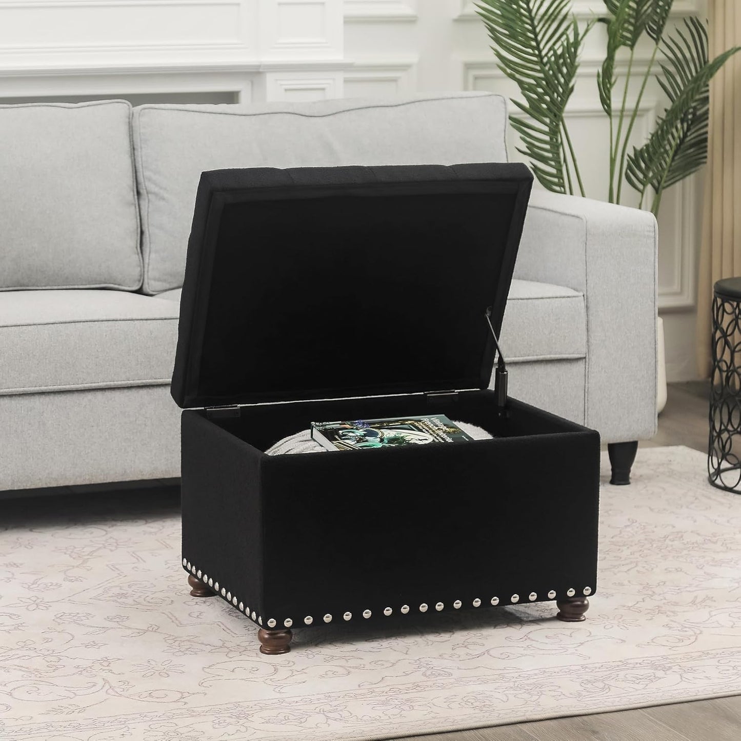 Joveco Storage Ottoman Bench, Rectangle 24″ Linen Foot Rest Stool Square Footstool for Living Room, Bedroom, Black