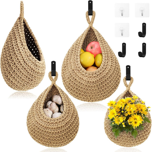 Wall Hanging Baskets for Organizing - 3 Pack Hanging Fruit Basket with 6 Pcs Strong Hooks, Handwoven Onion Storage Teardrop Home Onion Basket for Fruits Vegetable Potato Kitchen Storage(Light Linen)