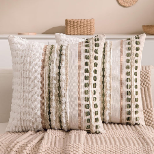Boho Chenille Tufted Couch Throw Pillow Covers 18x18 Inch Set of 2 Farmhouse Striped Decorative Pillow Covers Accent Neutral Square Pillowcase Green Cushion Covers for Livingroom Sofa Bed