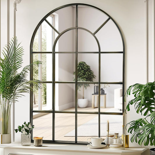 Arched Windowpane Wall Mirror 30"x40" Bronze Wall Mounted Art Pane Mirror Farmhouse Decorative Mirror Leaning Hanging Wall Mirror for Bedroom Living Room Entrance Hallway Wall Decor