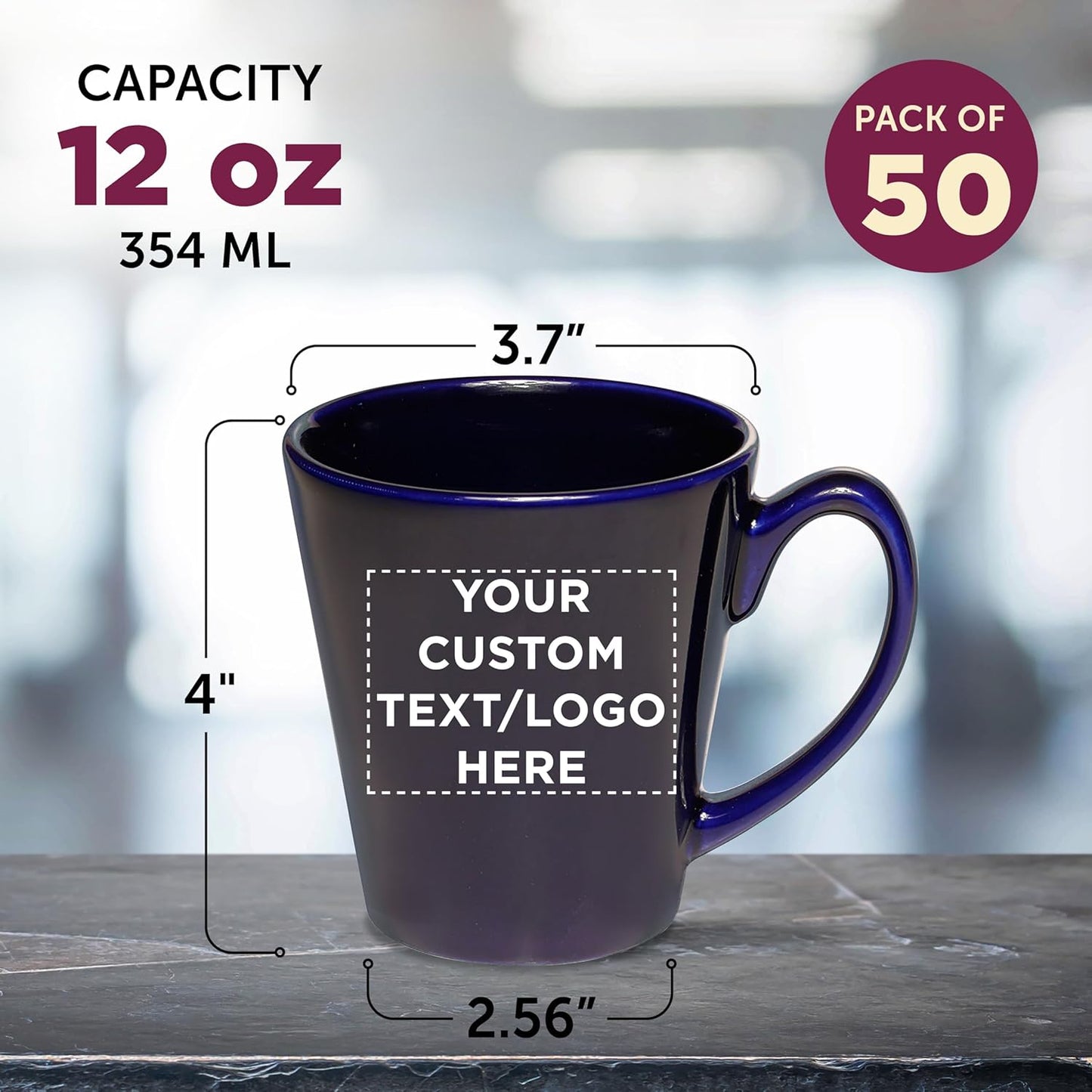 DISCOUNT PROMOS Custom Glossy Ceramic Latte Coffee Mug 12 oz. Set of 50, Personalized Bulk Pack - Perfect for Tea, Espresso, Cappuccino, Hot Cocoa - Blue