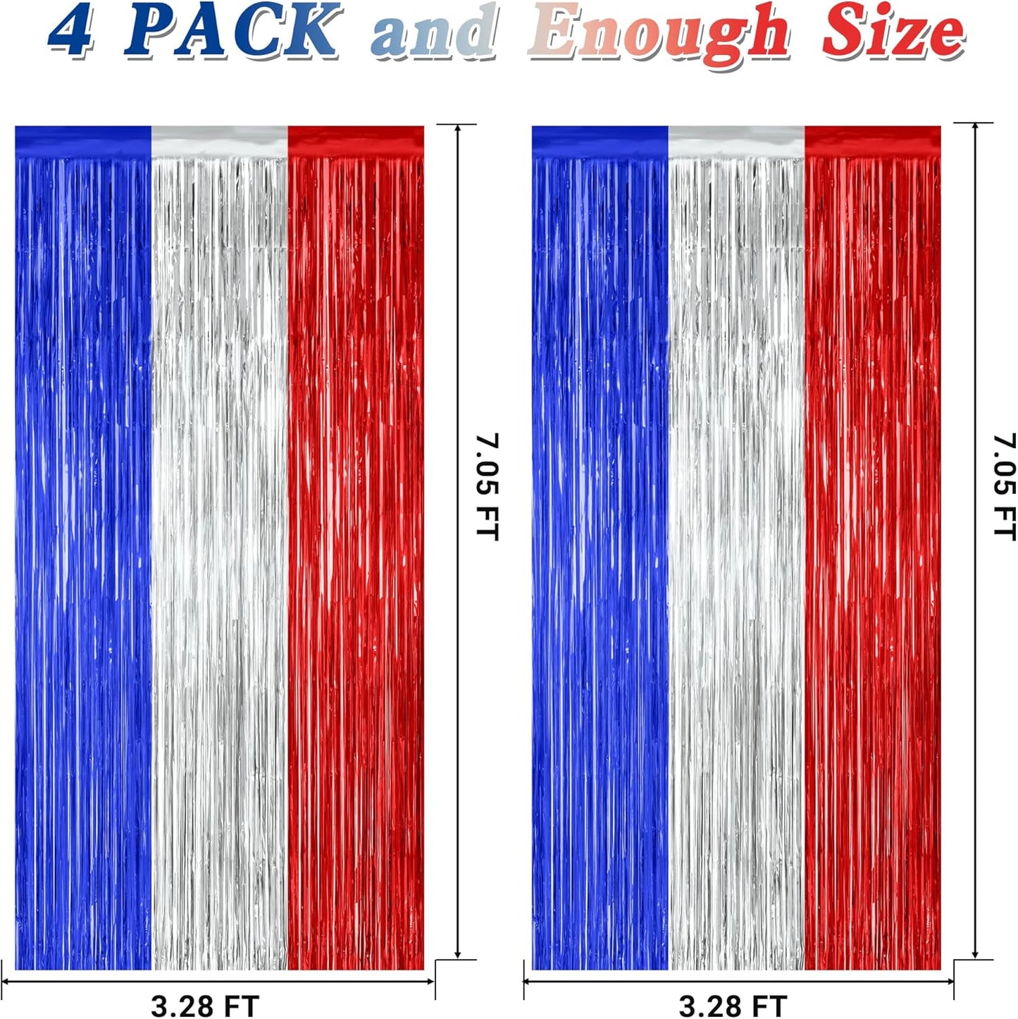4 Pack 4th of July Decorations, 3.28 FT x 7.05 FT Independence Photo Backdrop, Metallic Blue Silver Red Backdrop Curtains Fringe Curtains Party Streamer, Patriotic Decor Fourth of July Party Supplies