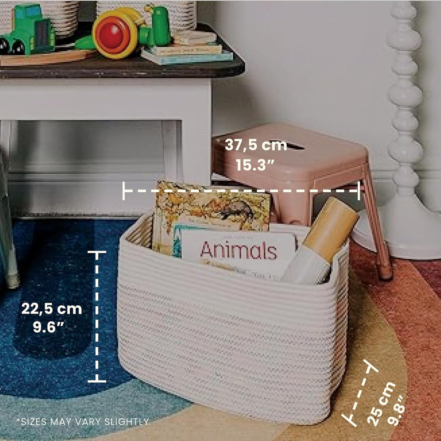 OrganiHaus Set of 3 Woven Storage Baskets for Organizing, Cotton Rope Organizer Bins for Shelves, Closet & Nursery, Dog Toy Basket, Decorative Bins for Toys, Towels & Books - 15x10x9, Rainbow Stitches