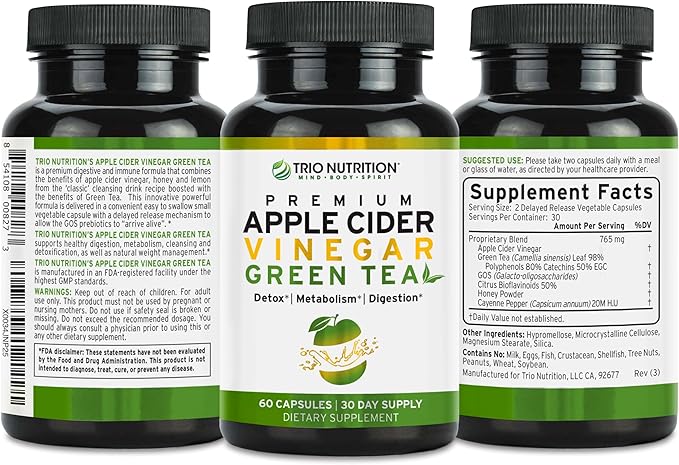TRIO NUTRITION Apple Cider Vinegar Capsules with Green Tea - Sugar Free Apple Cider Vinegar Pills with The Mother for Body Cleanse, Immune, Weight Management & Metabolism Support*