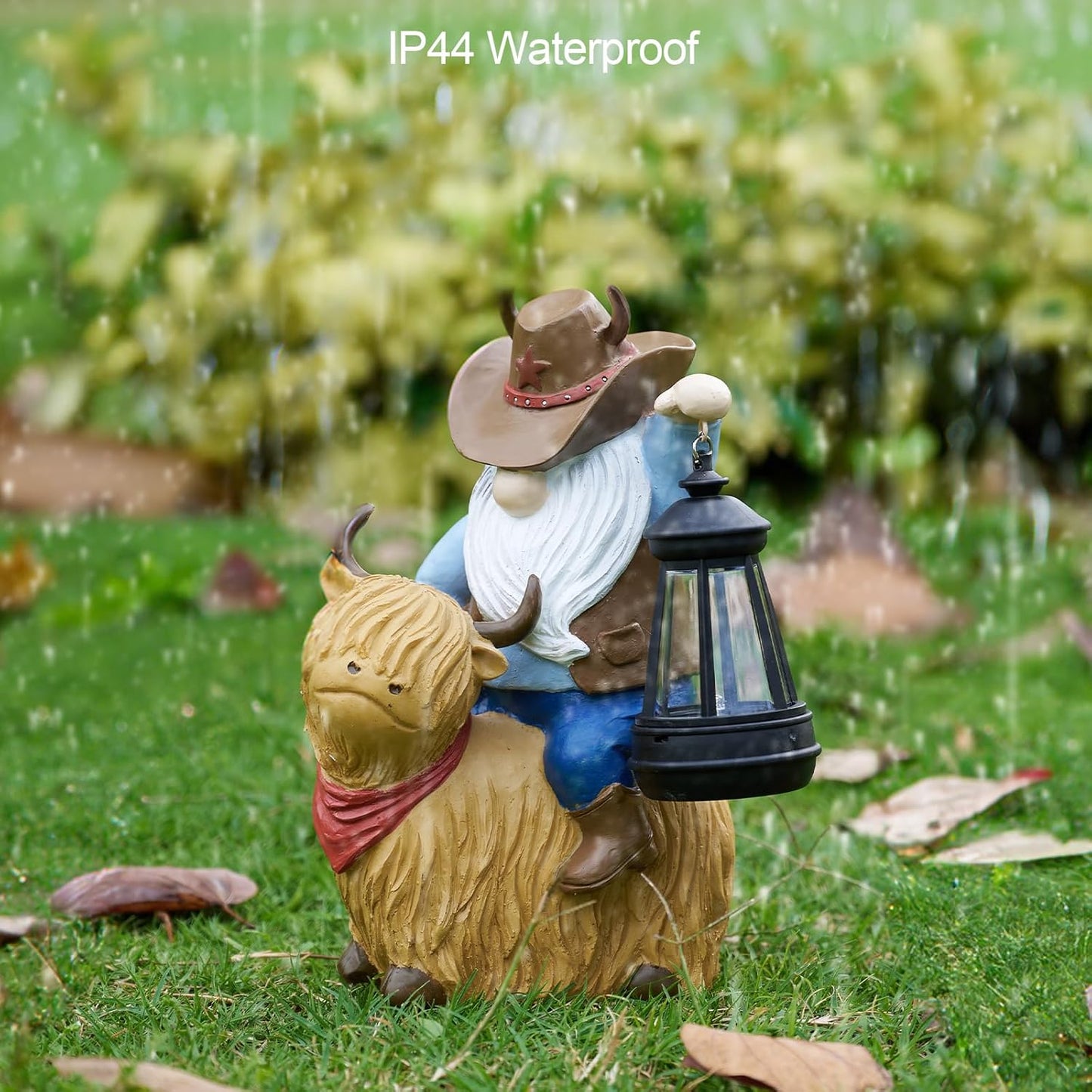 RM ROOMERS Garden Highland Cow Decor Outdoor Resin Solar Highland Cowboy Gnome Statue Yard Decorations Funny Gnomes Figurine Lights Unique Gifts for Women Housewarming Patio
