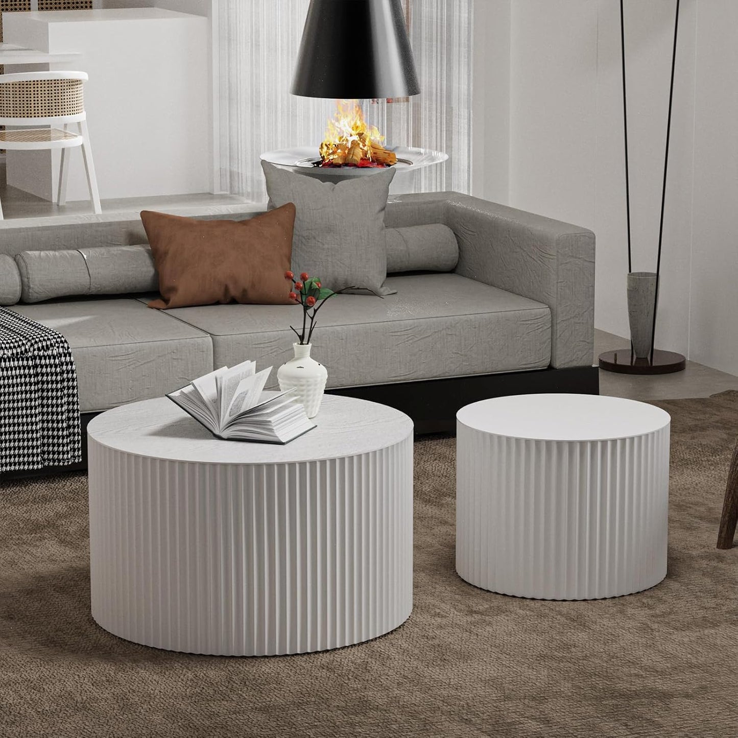 Round Nesting Coffee Table Set of 2 Handcraft Circle Fluted Nesting Coffee Tables Circular Side Table Drum Accent End Tables for Living Room Bedroom (White A Large)