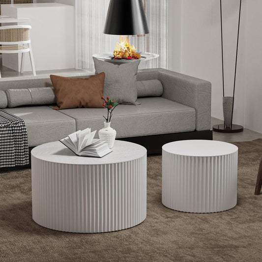 Round Nesting Coffee Table Set of 2 Handcraft Circle Fluted Nesting Coffee Tables Circular Side Table Drum Accent End Tables for Living Room Bedroom (White A Small)