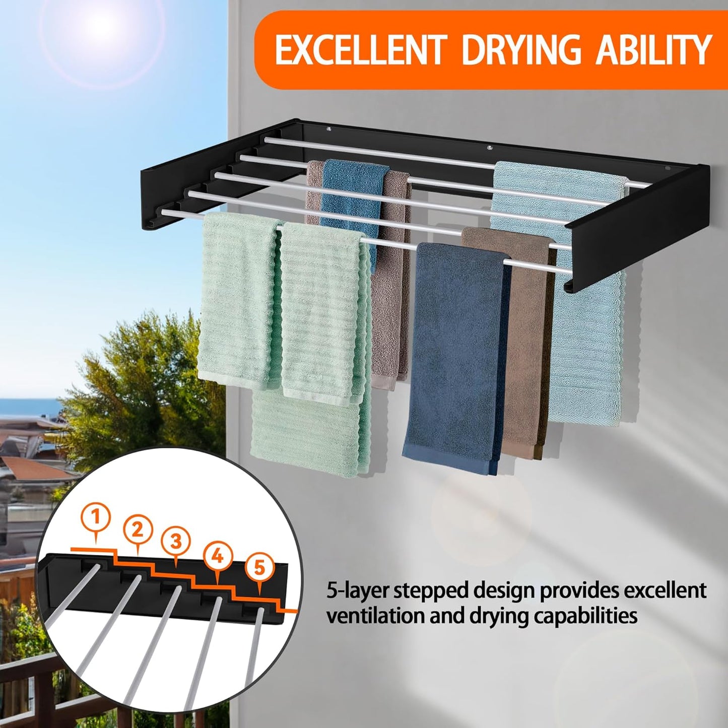 FOCHIER F Laundry Drying Rack Wall Mounted Clothes Drying Rack Collapsible with 5 Aluminum Rods and Drilling Template Long Screwdriver Bit 60 lbs Capacity (Black, 40")