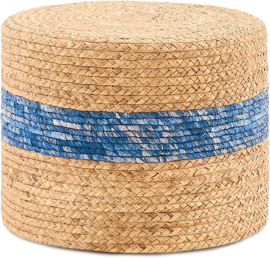 Handwoven Water Hyacinth Ottoman Pouf, Round Outdoor Footstool with Sturdy Frame, No Assembly Needed, Boho Accent Stool for Indoor & Outdoor Use – Patio, Balcony, Living Room (Blue)
