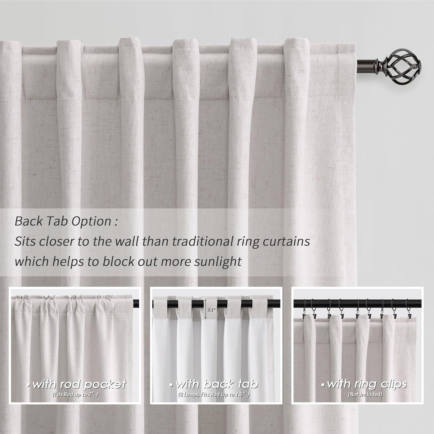 BOODII Room Darkening Curtains 120 Inch Back Tab Thermal Insulated Black Out Linen Drapes Extra Long Blackout Curtains for Patio Door Large Window Ceiling to Floor Light Blocking Champagne 52x120