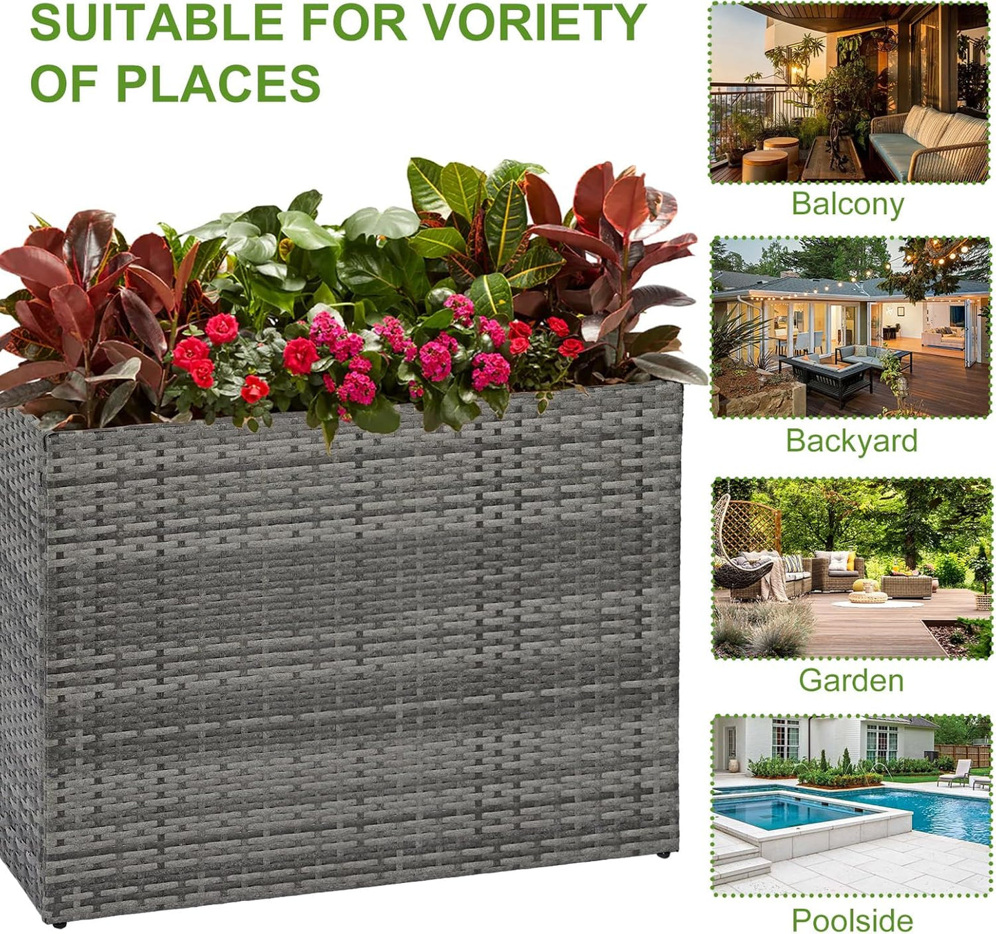 LEWIS&WAYNE Large Rectangular Block Planter Box Handmade Wicker Tall Planters for Outdoor Plants with Removable Liners Modern Planter for Indoor Outdoor Patio Deck - Gray, 38''x11''x30''