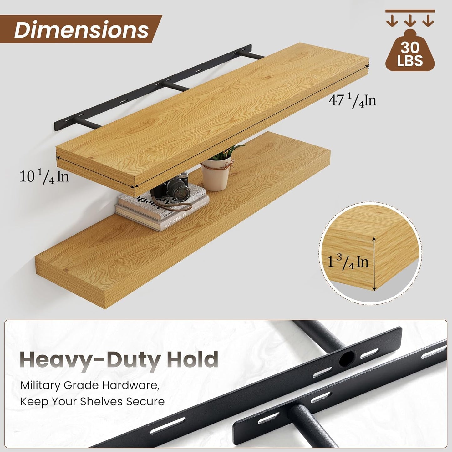 Heimlove 48" Floating Shelves for Wall,10 Deep Rustic Wood Storage Wall Shelves with Heavy Duty Brackets for Bathroom,Bedroom,Kitchen,Living Room,Office,Oak Color