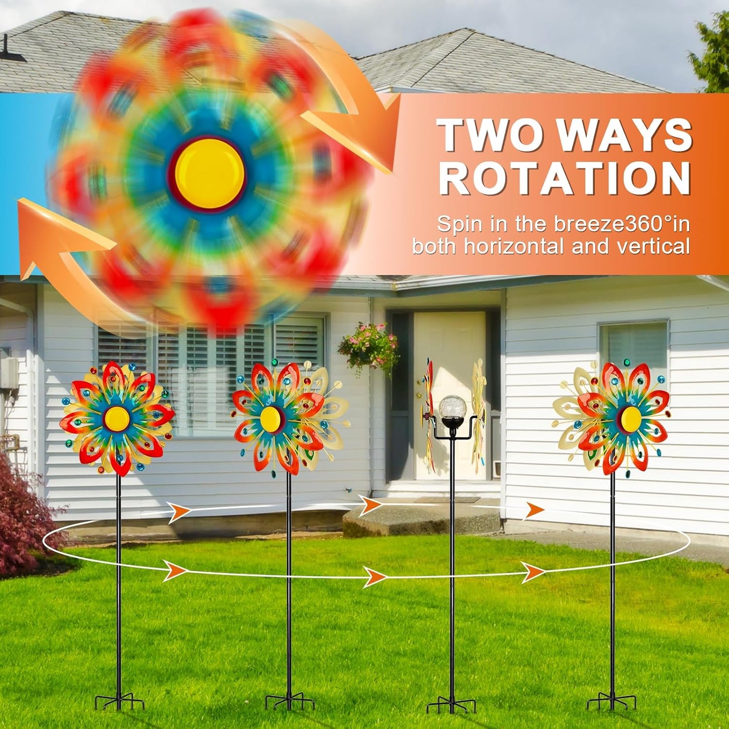Soalr Wind Spinners -60.63 Inch Outdoor Metal Stake Yard Wind Sculptures, Solar Powered Multi-Color LED Glass Ball with Kinetic Wind Spinner Windmills for Outdoor Lawn & Garden Decoration