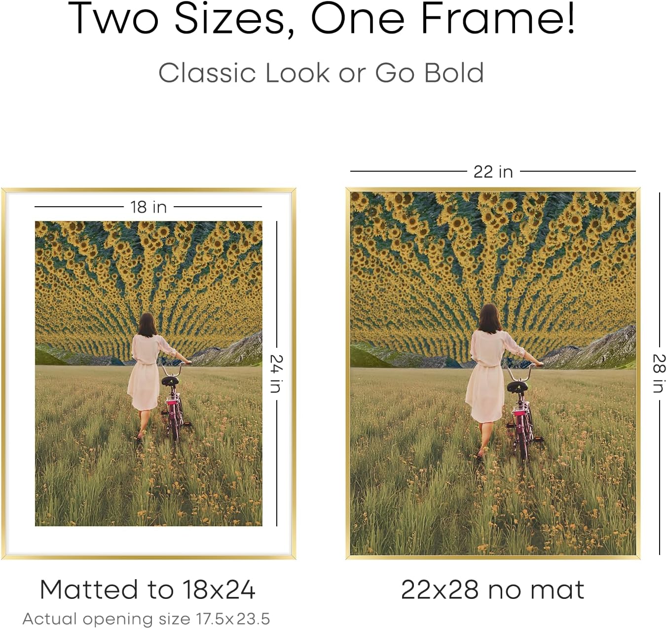 Homeforia 22x28 Picture Frame Gold, High End Metal 22 x 28 Large Poster Frames with Mat 18 by 24 for Photo, 22x28 Gold Frame Matted to 18x24 inch Print, 28x22 Frame, Tempered Glass, Wall Kit, Set of 1