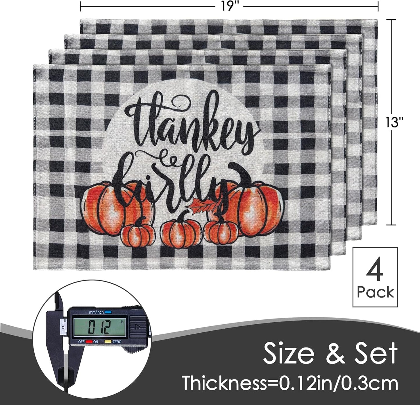 MANSPHIL Gingham Pumpkin Placemats Set of 4 for Thanksgiving Fall Theme Decor - Farmhouse Cotton Faux Linen Table Place Mats for Dining Kitchen Washable - 13x19 Inch