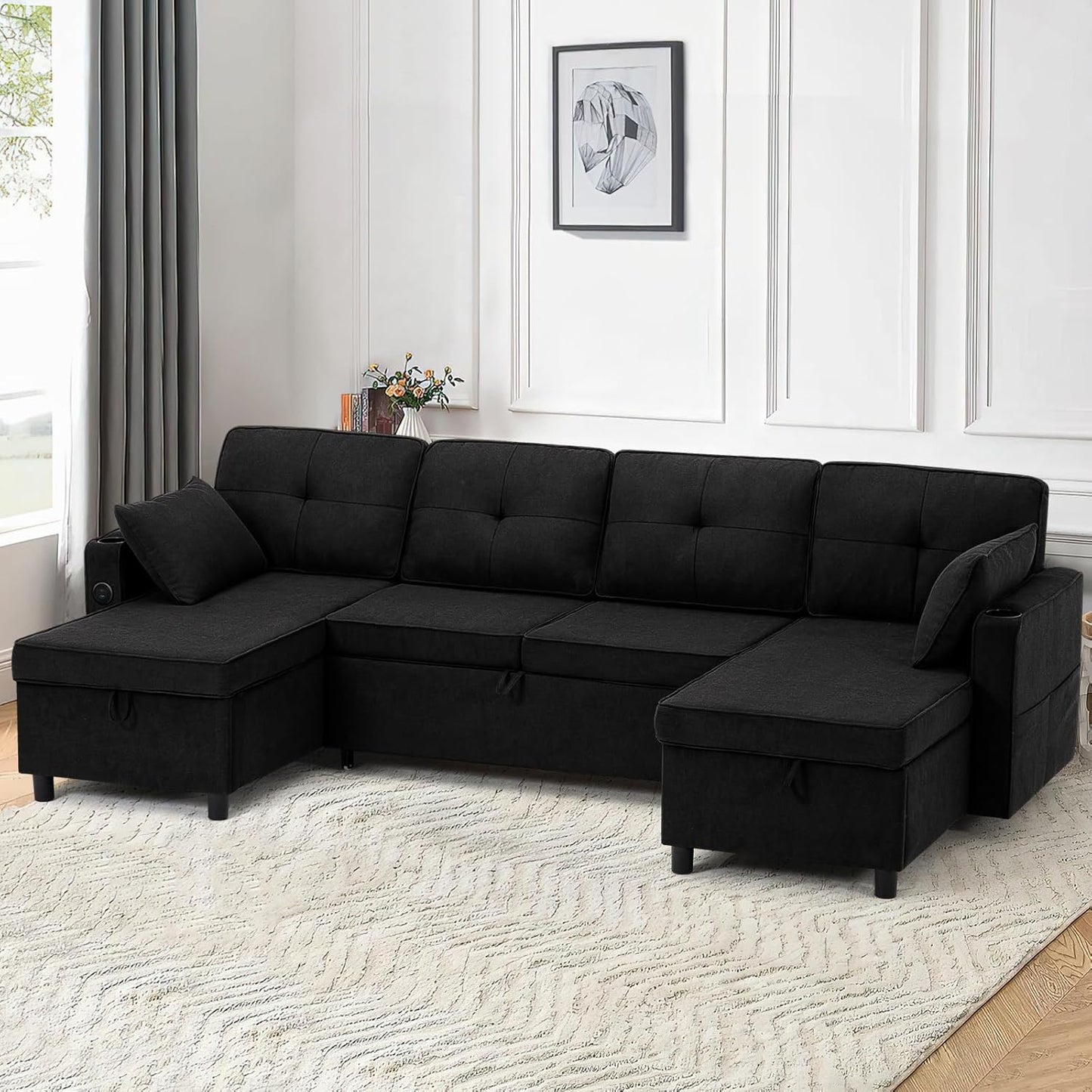 110 Inches Chenille Sectional Sofa w/Pull Out Sofa Bed & Adjustable Back, Tufted U Shaped Couch w/Two Storage Chaises, Sleeper Sectional Sofa w/USB Port & Cup Holders for Living Room, Black