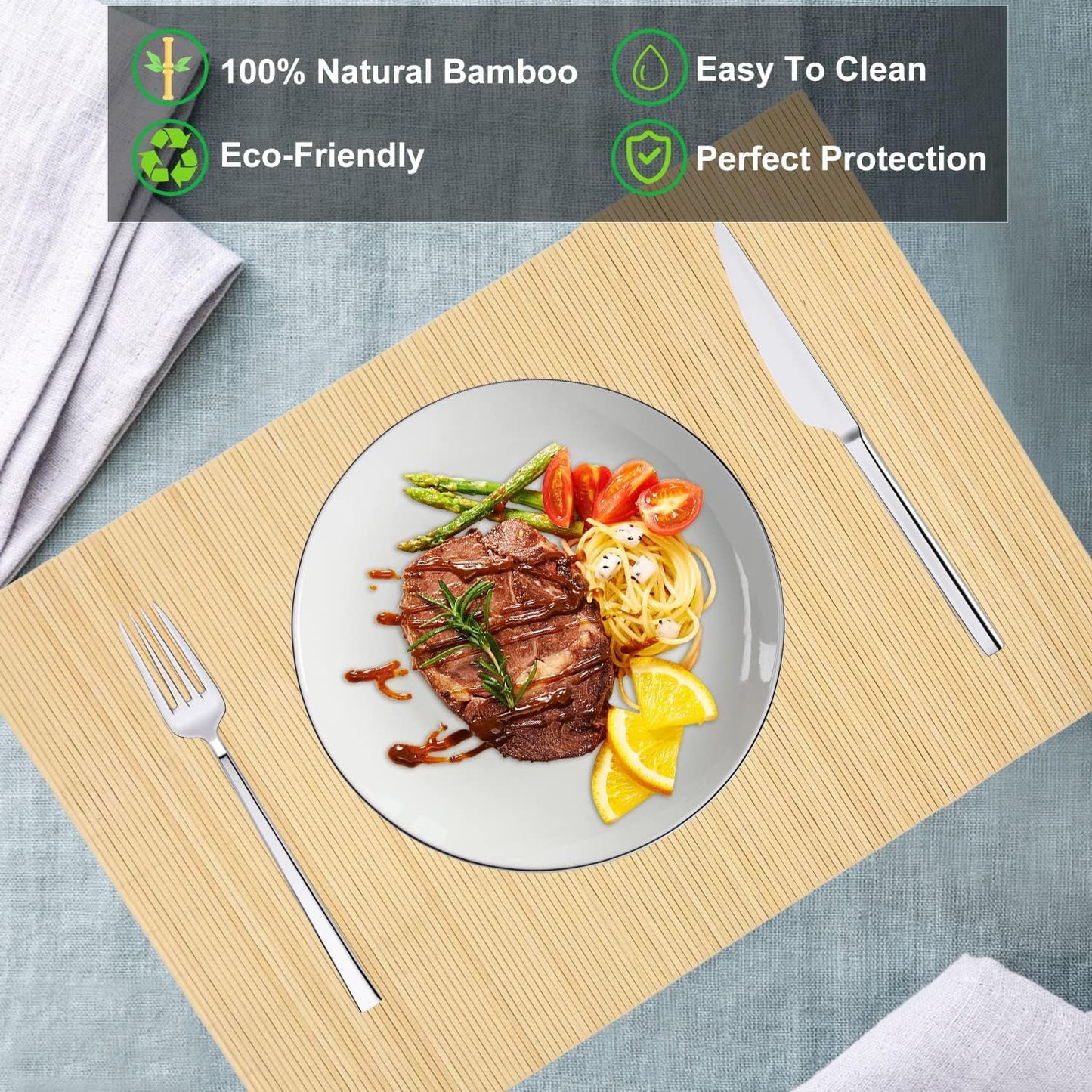 ANDSTAR Bamboo Placemats Set of 8 Waterproof - 12x18 Inch Reusable Table Mats for Dining, Eco-Friendly Heat Resistant Dishwasher Safe Kitchen Decor, Farmhouse Style Home Gift (Natural Color)