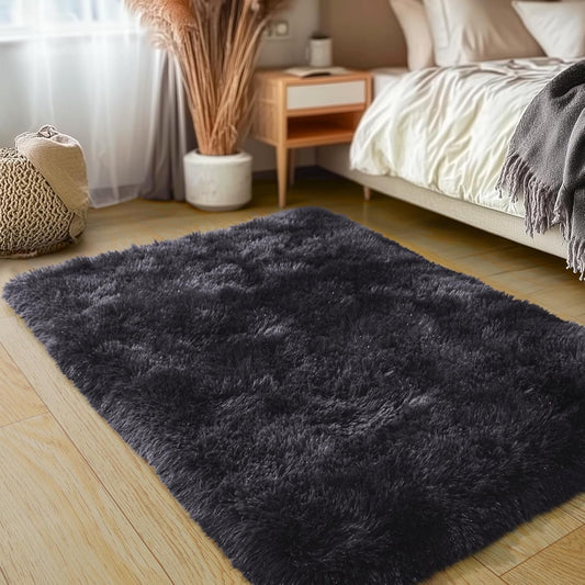Rezutan Small Area Rug, 2x3 Rug for Bedroom Shaggy Throw Rugs for Dorm Rug, Soft Tie Dyed Carpet for Kids Room, Plush Non-Slip Fluffy Bedside Rug for Home Decor Aesthetic,Black Grey Tie-Dyed