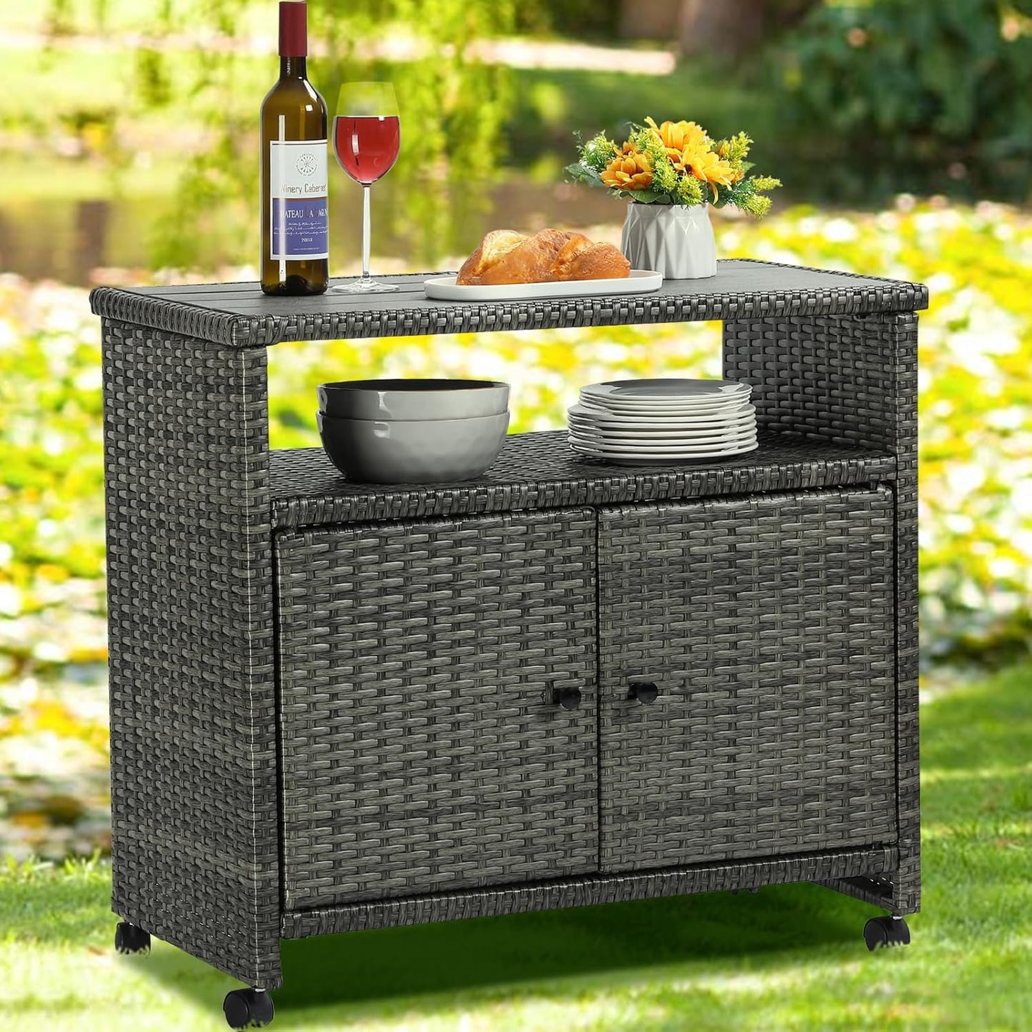 Outdoor Wicker Storage Cabinet,Patio Bar Table with Wheel, Outdoor Buffet Cabinet Movable, Garden Weather-Proof Bar Table/Cart for Indoor&Outdoor (Morden Gray)