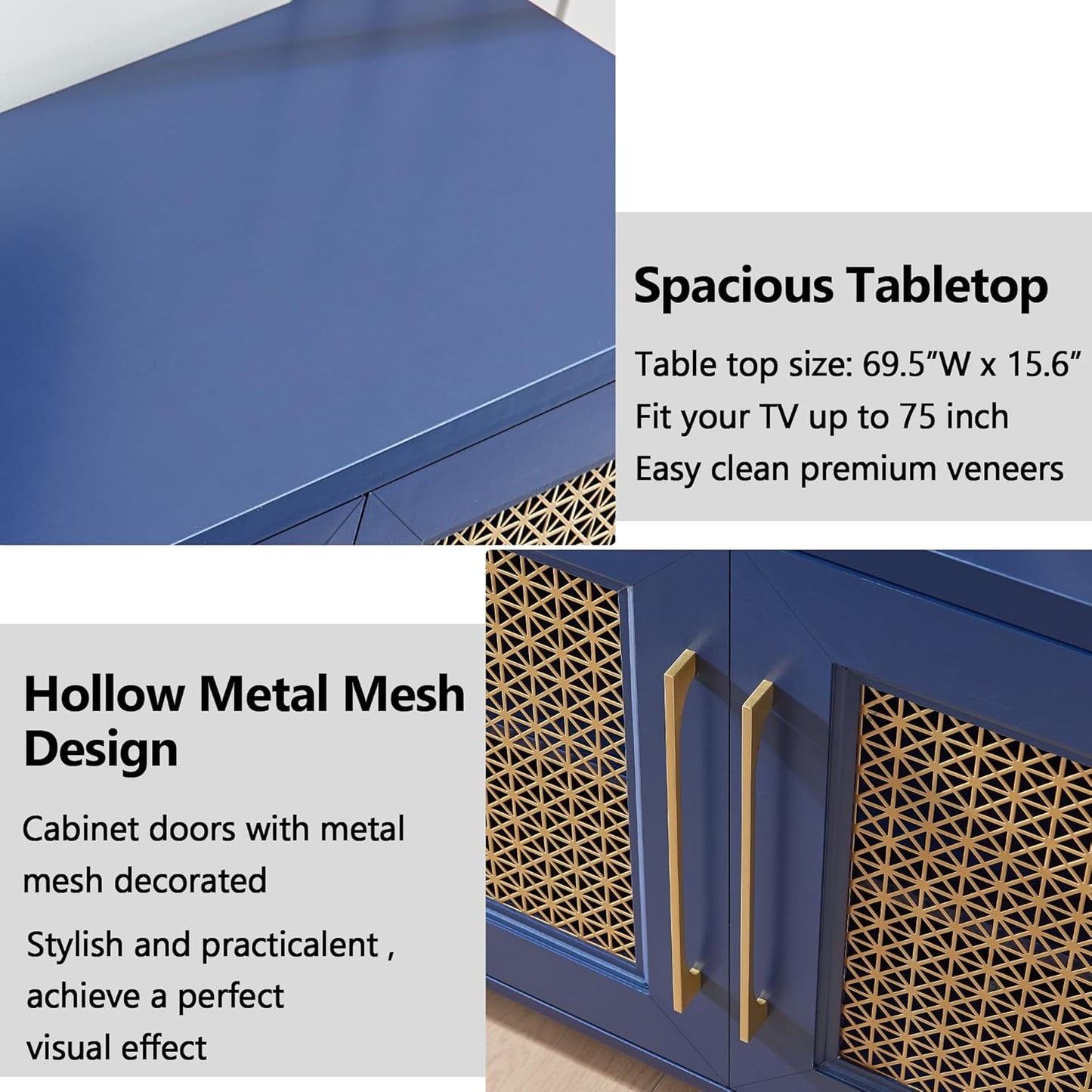 JYED Mid Century Modern TV Stand for TVs up to 75", 69.5" W Blue Entertainment Center with 4 Gold Metal Mesh Doors - Wood Grain MDF TV Console, Media Storage