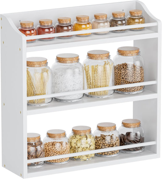 Spice Rack Wall Mounted, Freestanding Spice Organizer for Countertop, Bamboo Spice Storage Holder, for Kitchen Cupboard, Pantry, Bathroom (White)