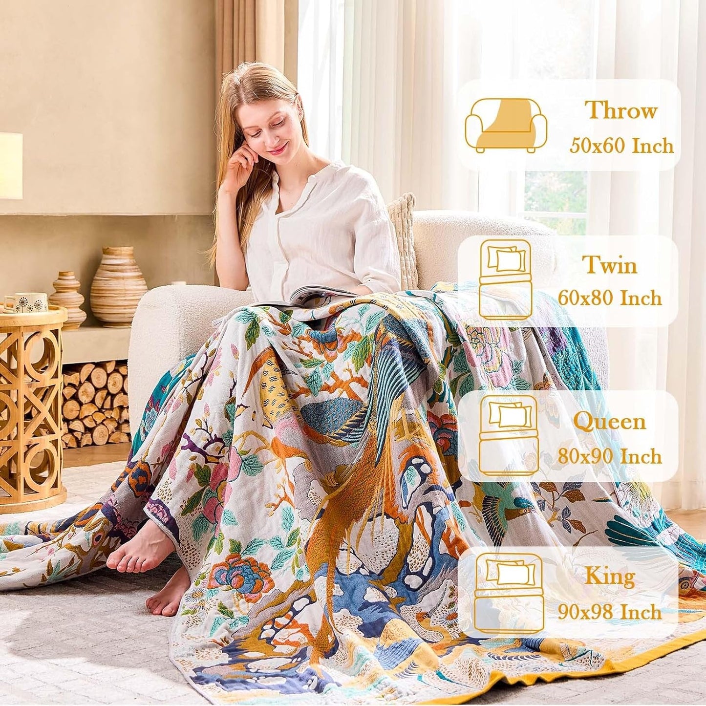 Fall Throw Blanket for Couch, Yellow Boho Decorative Throw Blanket, 100% Cotton Muslin Breathable Woven Farmhouse Blankets Quilt, 50"x60" Reversible Lightweight Blankets Bohemian Throw Quilt