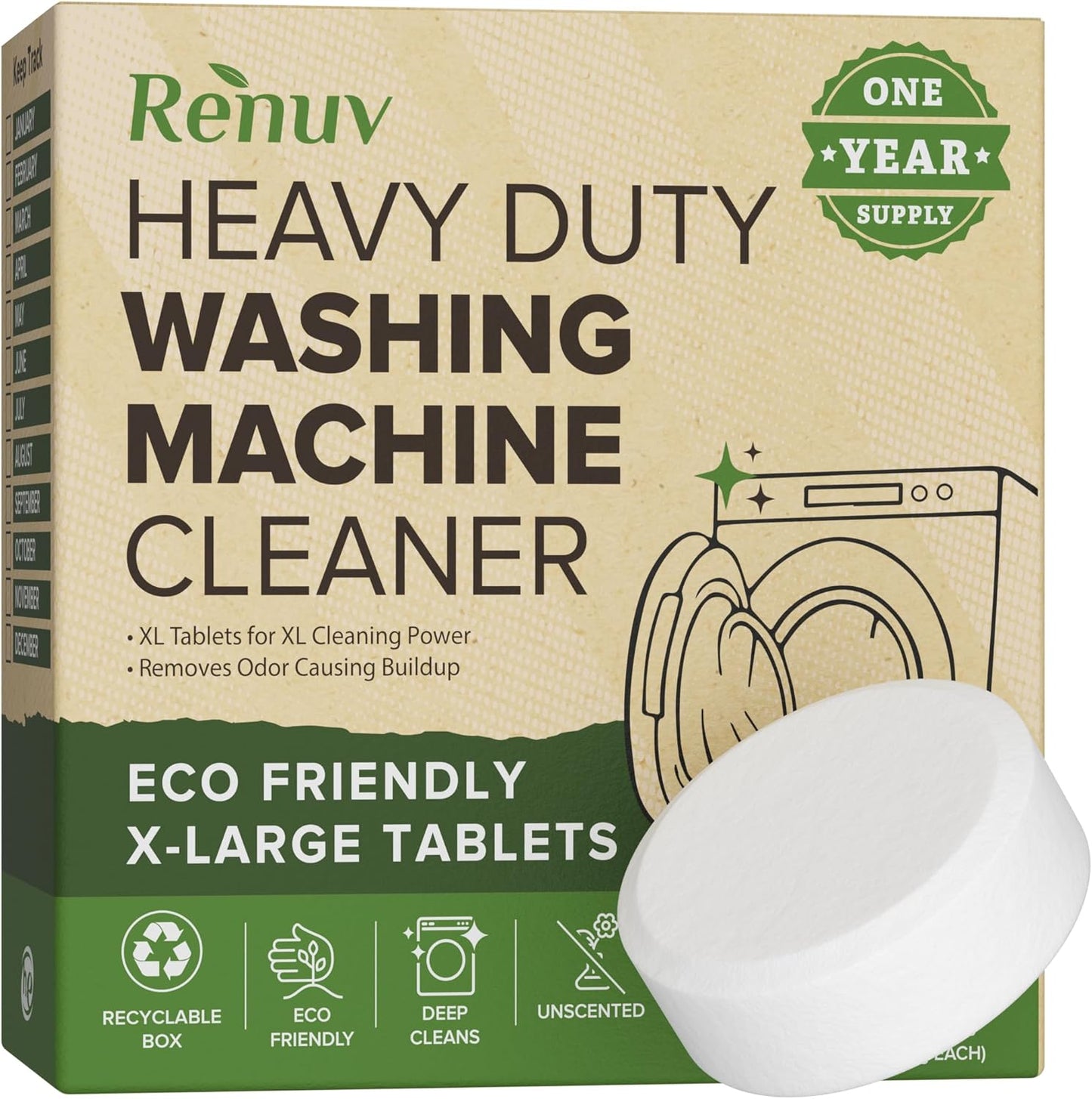 Heavy Duty Washing Machine Cleaner and Descaler - Deep Cleaning Tablets For Front Load or Top Load Washer (12 XL Tablets - One Year Supply)