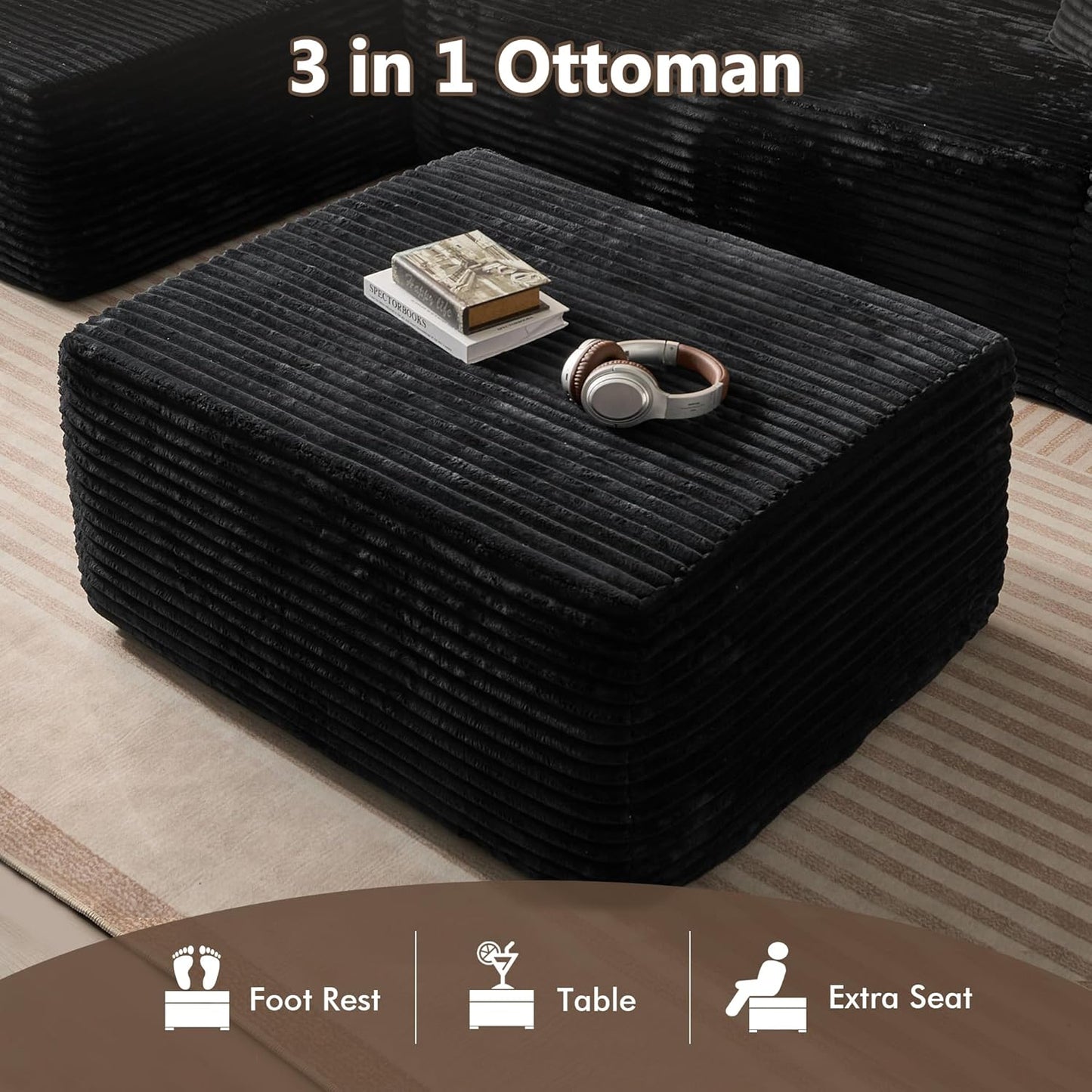 HOOOWOOO Cloud Sectional Couch for Living Room,Modular Sectional Sofa No Assembly,Matching Plush Corduroy Ottoman(Black)