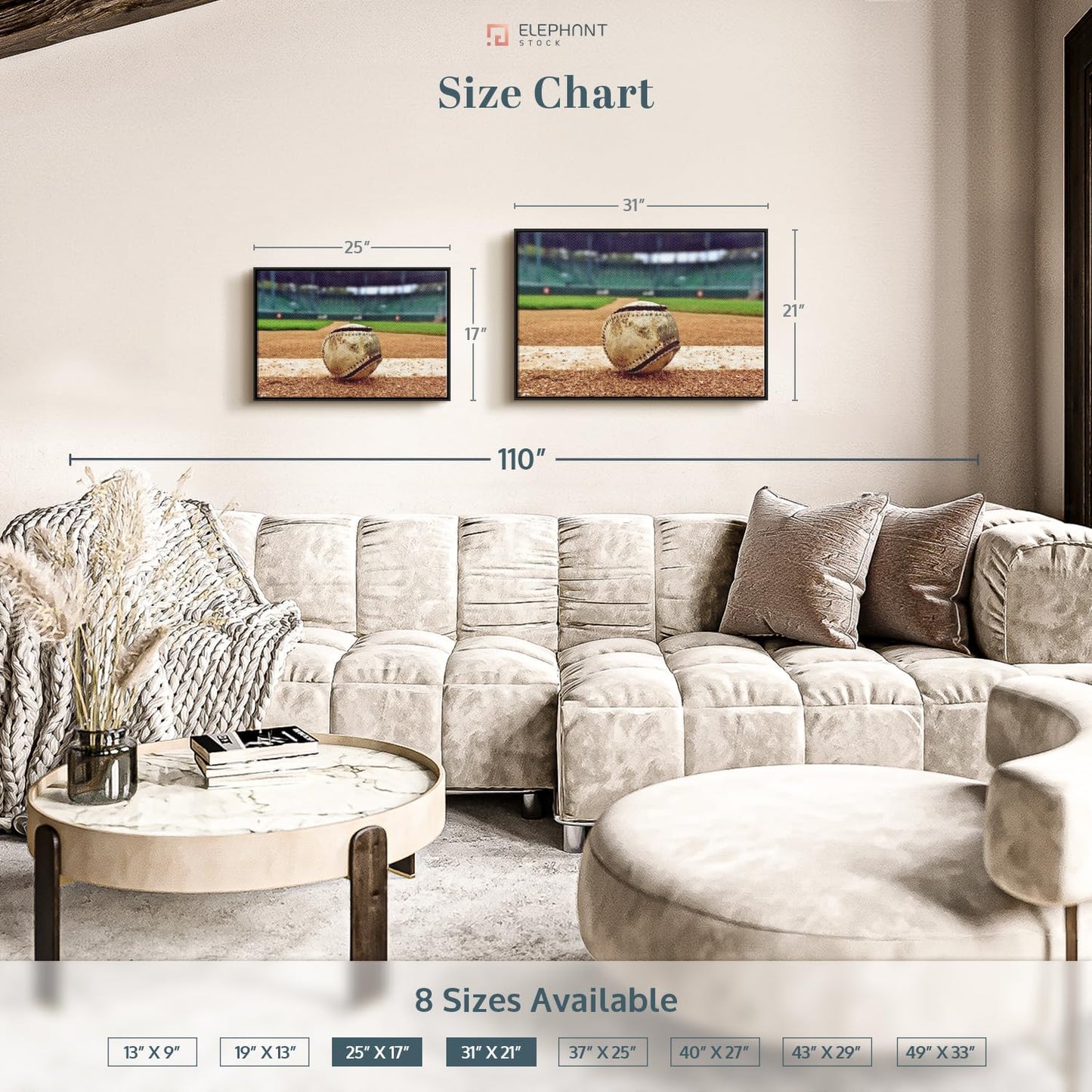 ElephantStock Baseball In Stadium Wall Art - Horizontal Framed Canvas - 1-Piece Living Room Wall Decor - Car Photography Canvas Print - Brown and Beige Decor for Wall - 31" X 21"