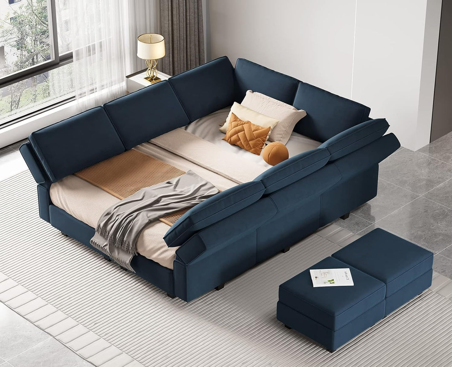 Belffin Modular Sectional Sofa with Storage Chaises Sectional Sleeper Sofa Couch 8 Seat Sectional Bed Blue