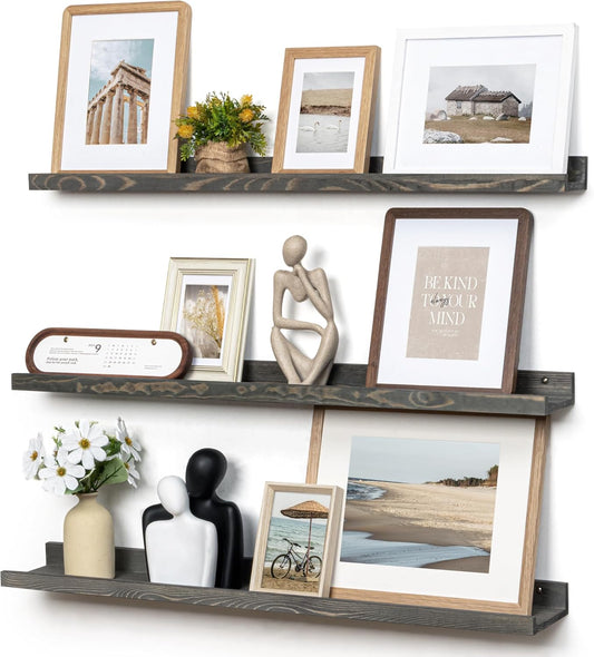 Picture Ledge Wall Shelves - 36 Inch Width Set of 3, Solid Pine Wood Rustic Floating Ledge Shelves for Kids' Room, Bedroom, Kitchen, Bathroom, Living Room, Nursery Display Wall Decor, Grey