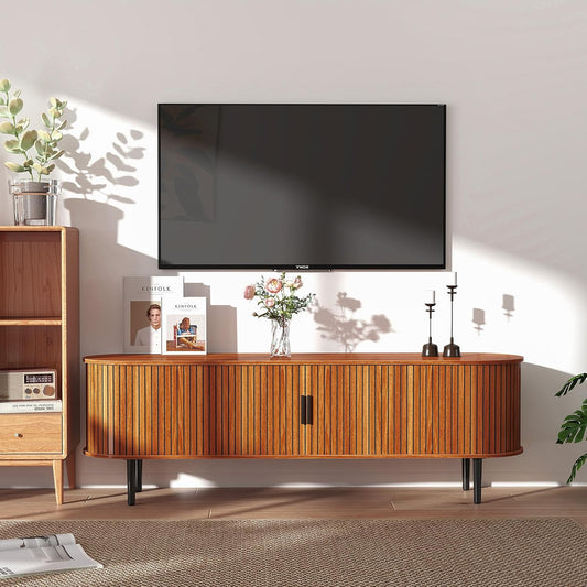 Bonzy Home 70" Mid Century Modern TV Stand, Tambour Entertainment Center with Storage, Long Media Console Television Stand with Metal Legs for up to 75'' TV, Walnut