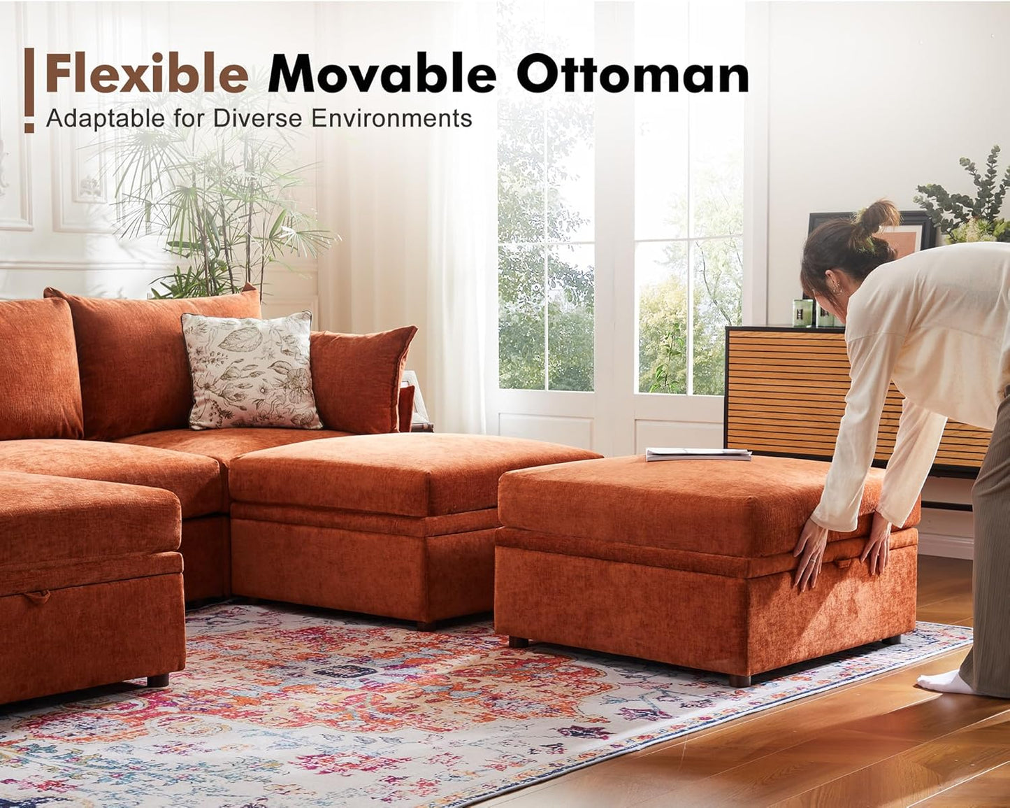 102.6" U Shaped Modular Sectional Sofa, 5 Seater Couch with Storage Ottoman Deep Seat and High Backrest with Removable Cover for Living Room, Apartment - Chenille Terracotta Orange