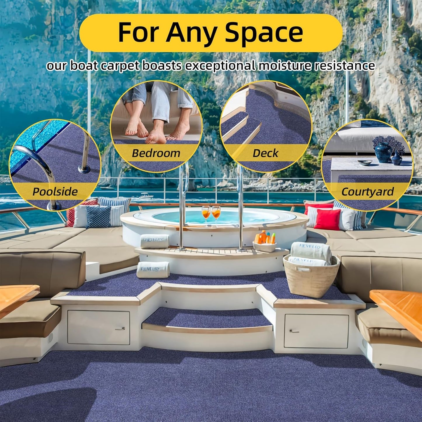 Marine Carpet,5 FT x 25 FT Deep Blue Indoor Outdoor Carpet 0.2" Thick Boat Carpet with Water-Proof TPE Backing, Non-Slide Outdoor Marine Carpet Roll for Home, Patio, Porch, Deck