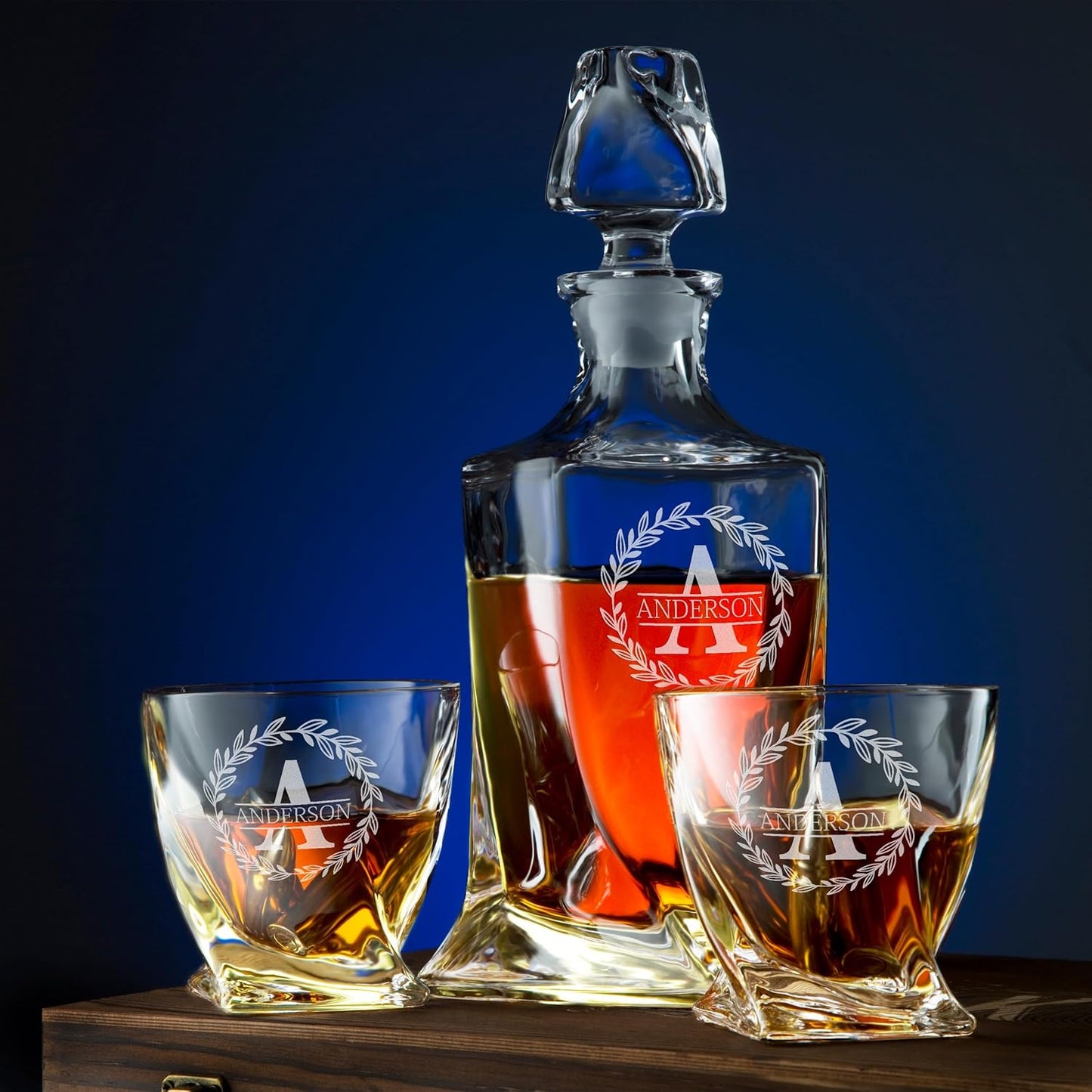 Frolk Personalized Whiskey Decanter and Stones Set - Customized Gift for Him - Men, Dad, Father - Twisted Whiskey Decanter, 2 XL Glasses, 6 XL Whiskey Chillers, 2 Coasters, Tongs, Pouch in Wooden Box