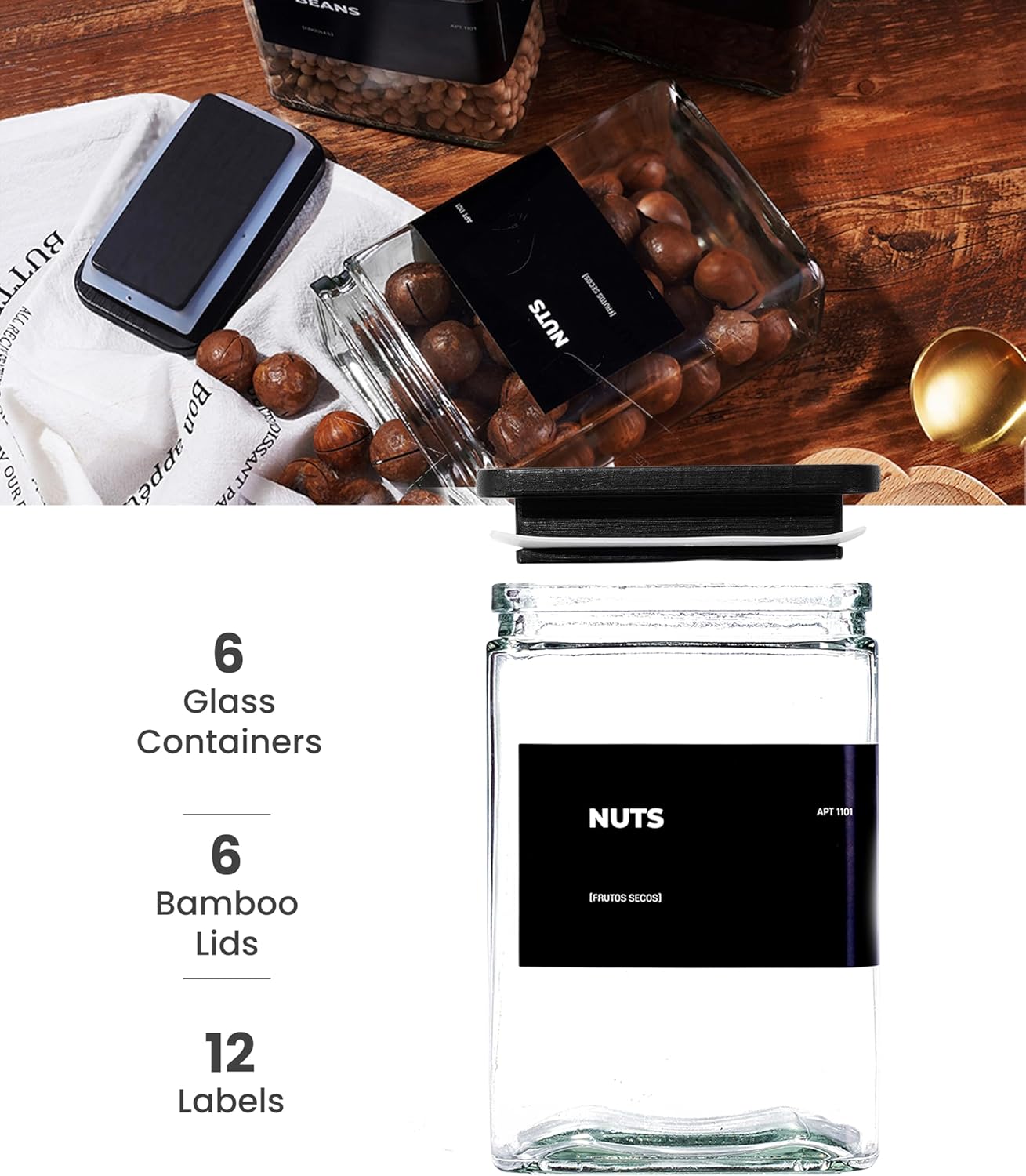 27 oz Glass Storage Jars with Bamboo Lid, set of 6, glass canisters with airtight lids, Clear jars with lids for Cookie, Candy, Tea, Coffee Bean and Rice, Black