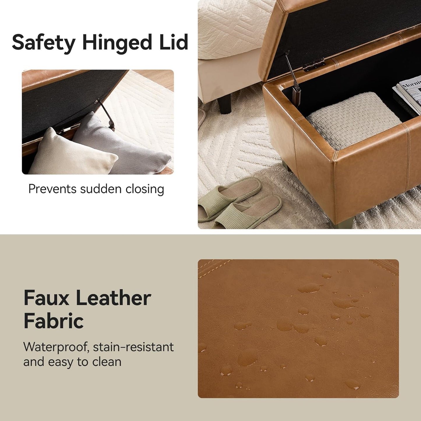 41" Faux Leather Storage Ottoman, Stitch Tufted Rectangle Upholstered End of Bed Storage Bench, Entryway Large Couch Ottoman with Wooden Legs, Light Brown