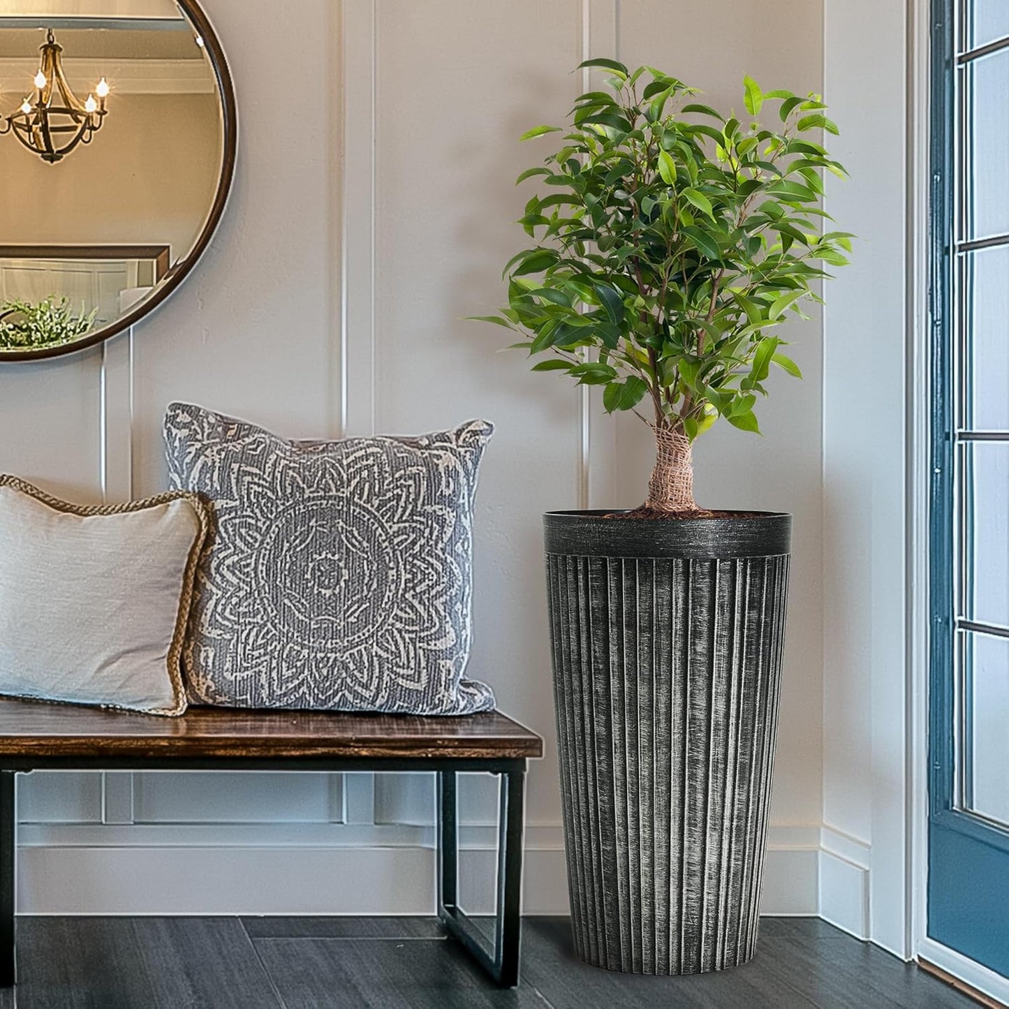 Worth Garden 22.5" H. Plastic Planters - Set of 2 Vintage Black Tall Conical Plant Pots for Indoor Outdoor Use - Decorative Lightweight Flower Pots for Front Porch, Patio, Deck - 12.5" Dia x 22.5" H